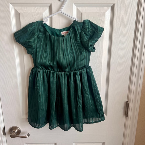 Cat & Jack Girls' Dress Green Metallic‎ Stripe Puff Sleeve Party Size 4T - Picture 1 of 8